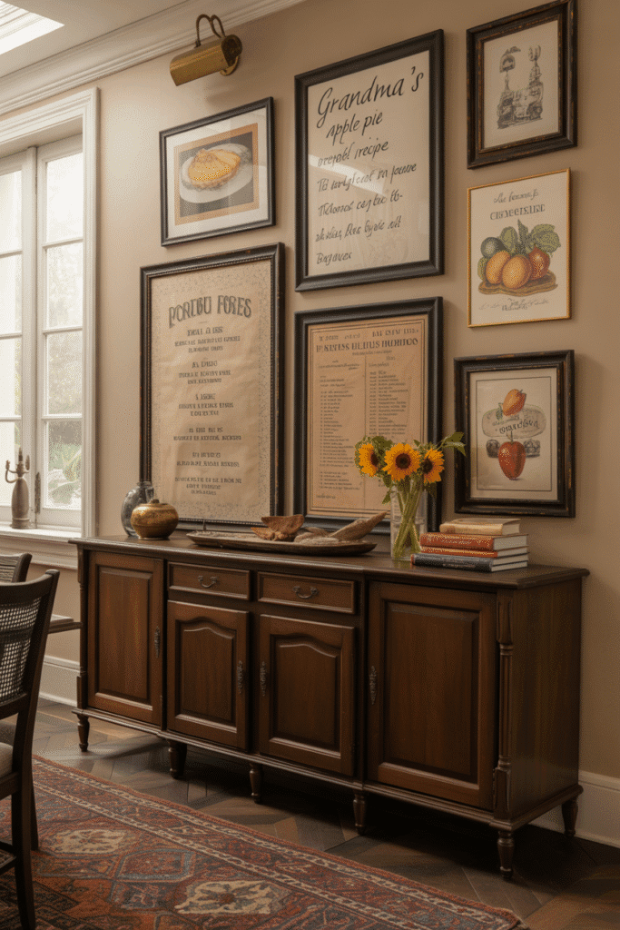 Framed recipes and menus blend sentiment with style — perfect for a food-centered room.

