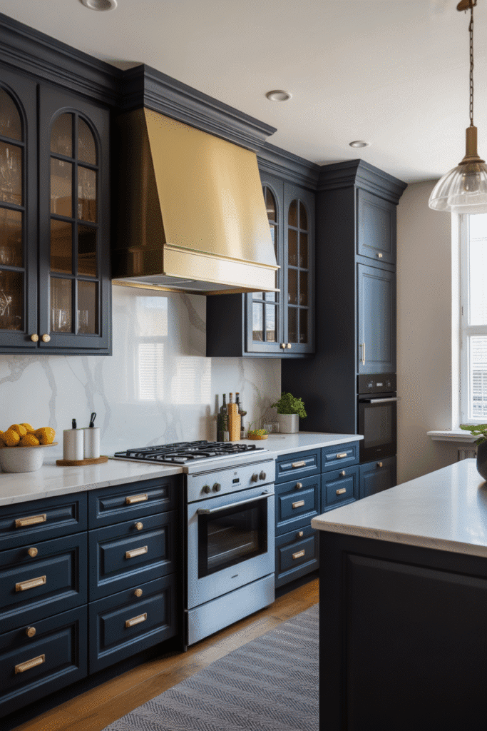 Gold hardware adds elegance and warmth to deep-toned kitchen cabinetry.