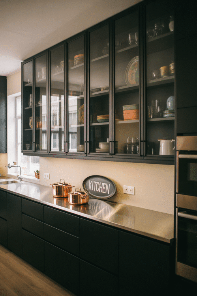 Glass-front cabinets help lighten the look of dark kitchens and showcase pretty pieces.