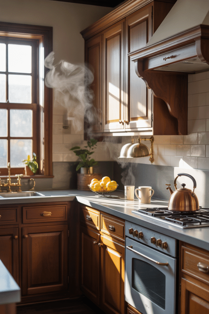 Dark wood cabinets add natural richness and texture to the kitchen space.