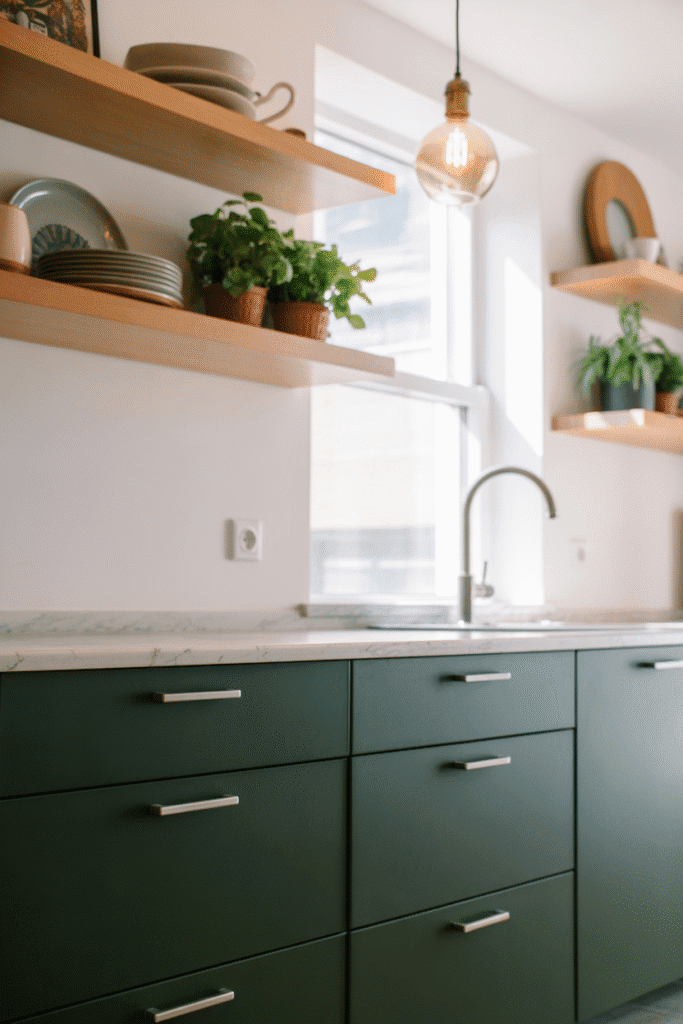 Open shelves break up dark cabinetry and create an airy, functional look.