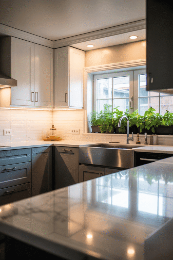 Two-tone cabinetry provides contrast and visual interest in a balanced kitchen layout.