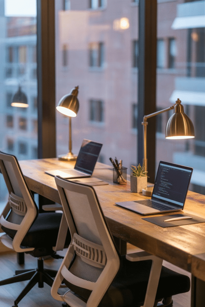 Minimalist home office with a long shared desk and matching workstations for two.