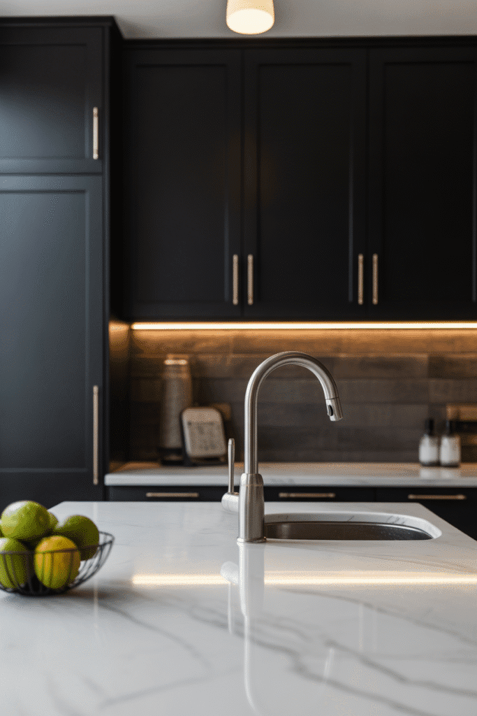 Under-cabinet lighting enhances visibility and balances the richness of dark cabinets.