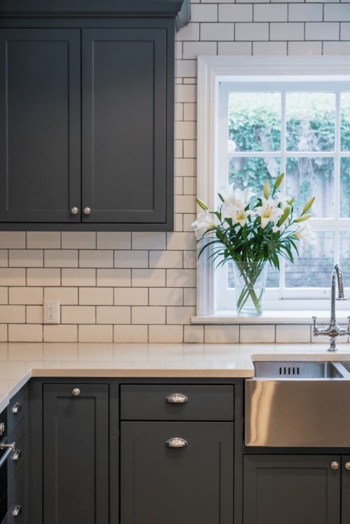 White counters and backsplashes brighten the space and contrast beautifully with dark cabinetry.