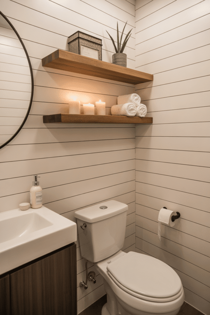 Wood floating shelves above a toilet add storage and style in a small modern bathroom.
