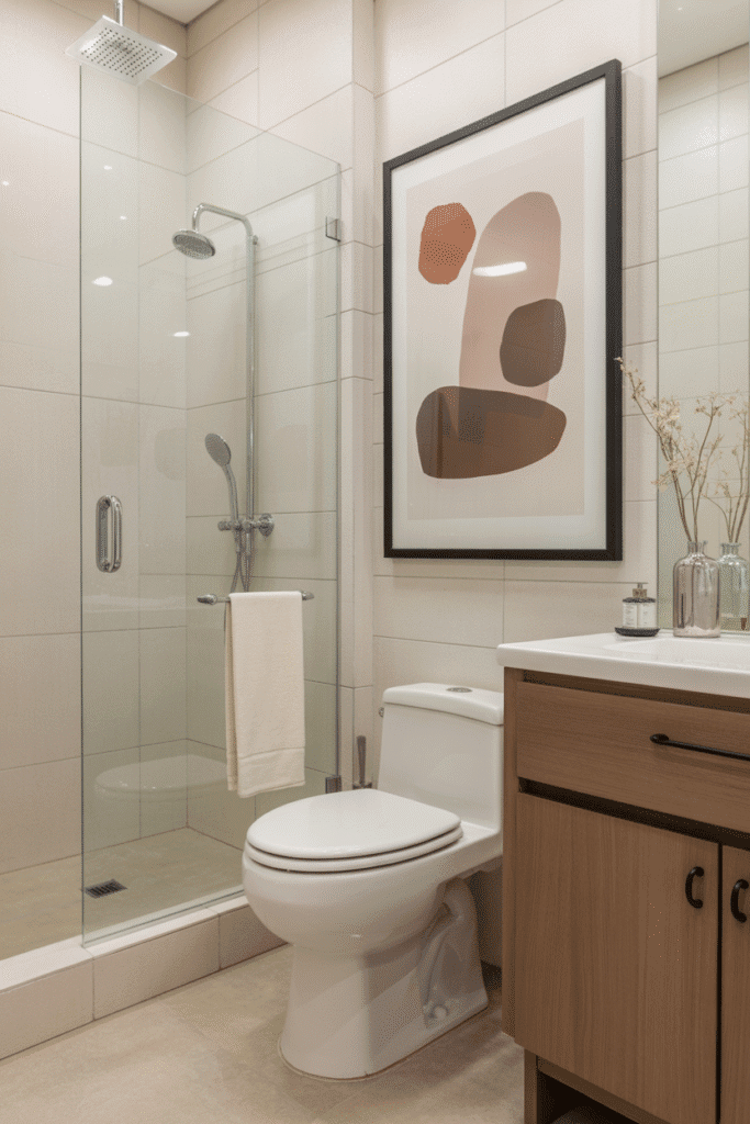 A large piece of framed art adds personality and elegance to the wall behind the toilet.