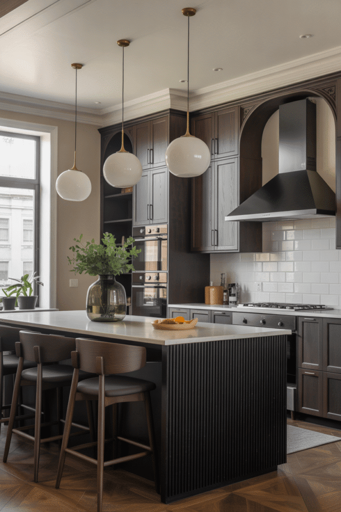 Textured cabinets or islands bring movement and depth to dark-toned kitchens.