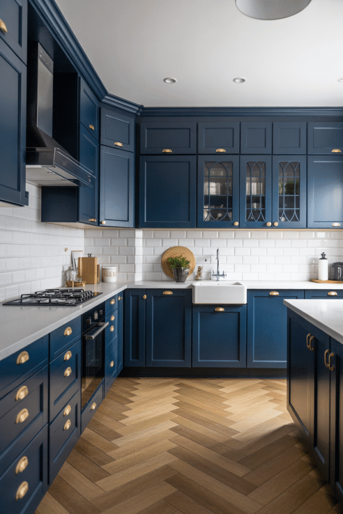 Navy cabinets bring rich color and elegance with a touch of coastal or classic charm.