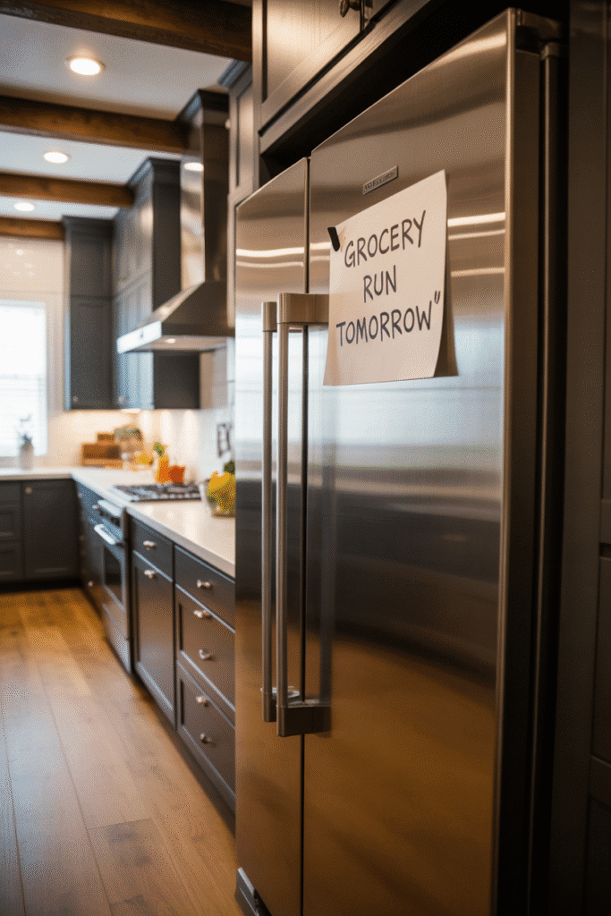 Warm wood floors and accents balance and soften moody cabinetry.