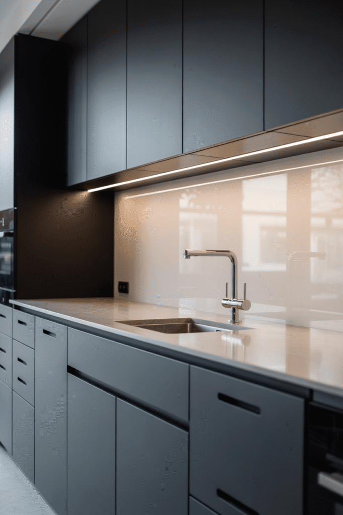 Handle-less cabinets offer a clean, contemporary look in darker kitchen designs.