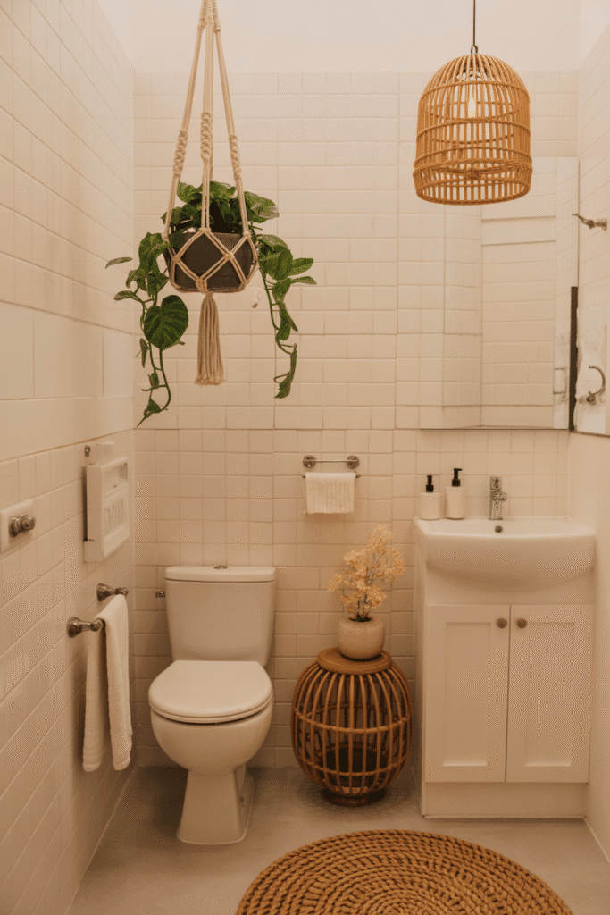 A hanging plant brings greenery and life to the empty space above a toilet.