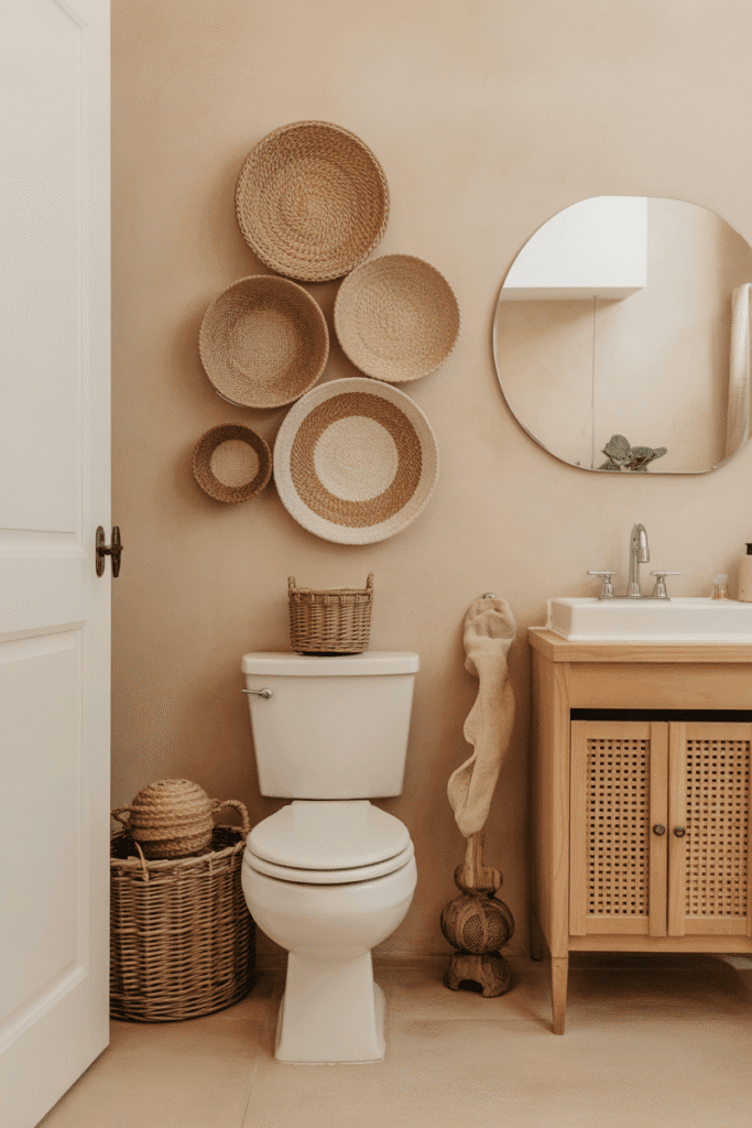 Woven baskets add texture and visual interest to a simple bathroom wall.