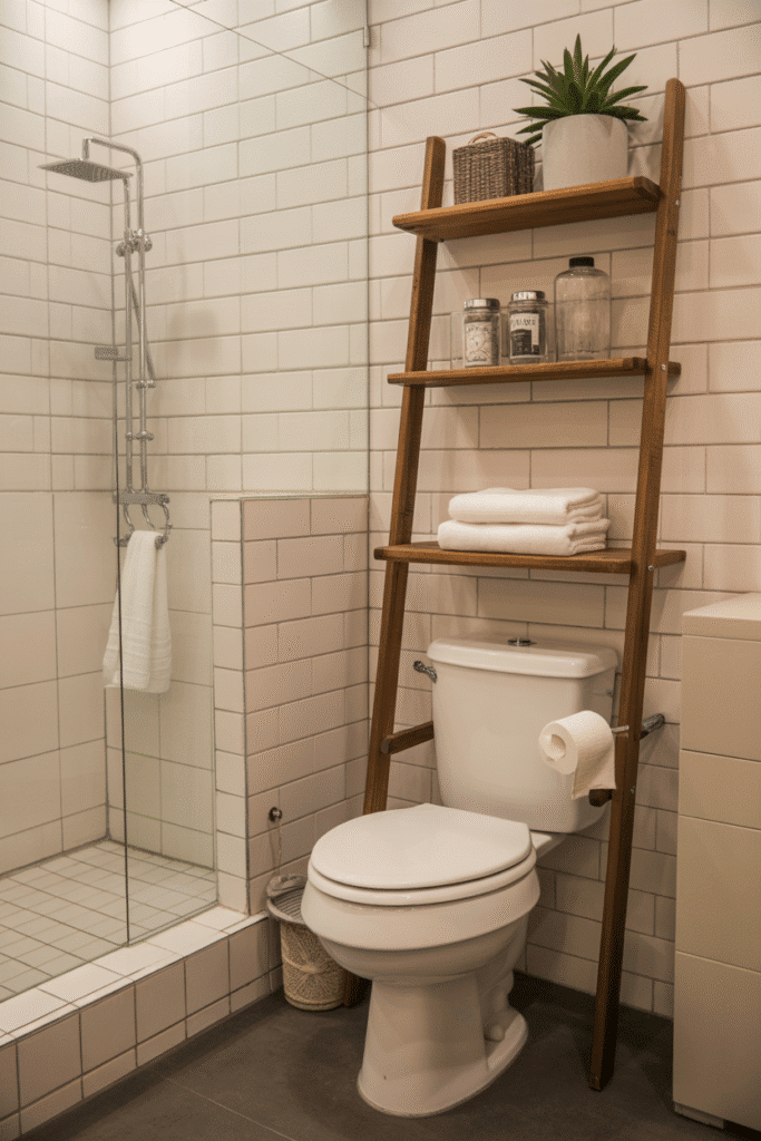 A leaning ladder shelf maximizes vertical space with a functional, stylish touch.