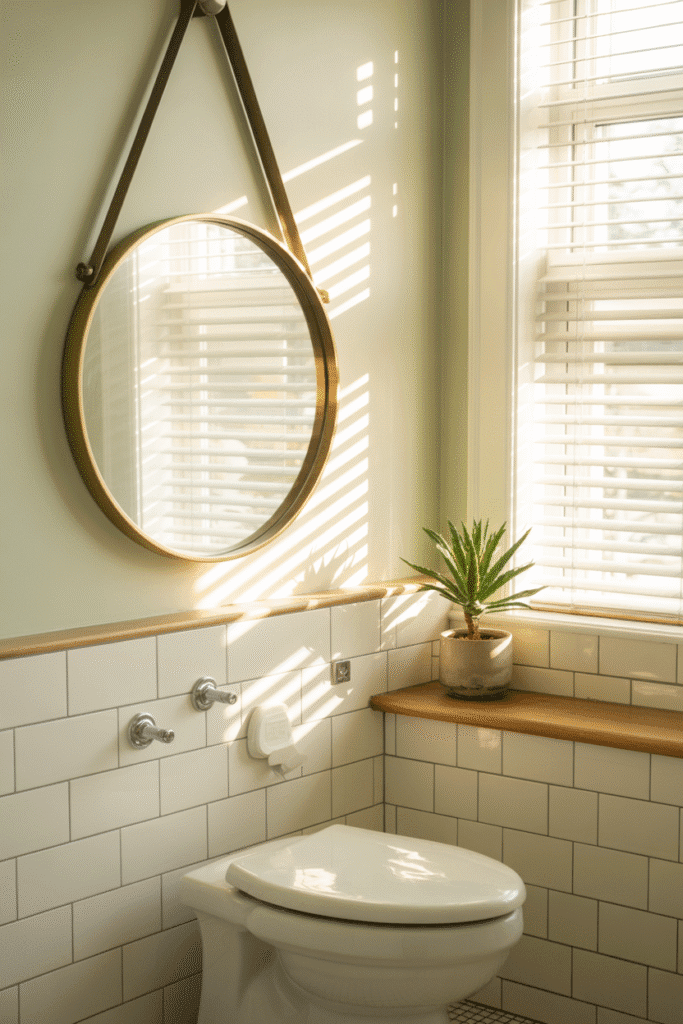 A decorative mirror above the toilet helps brighten and expand the space visually.