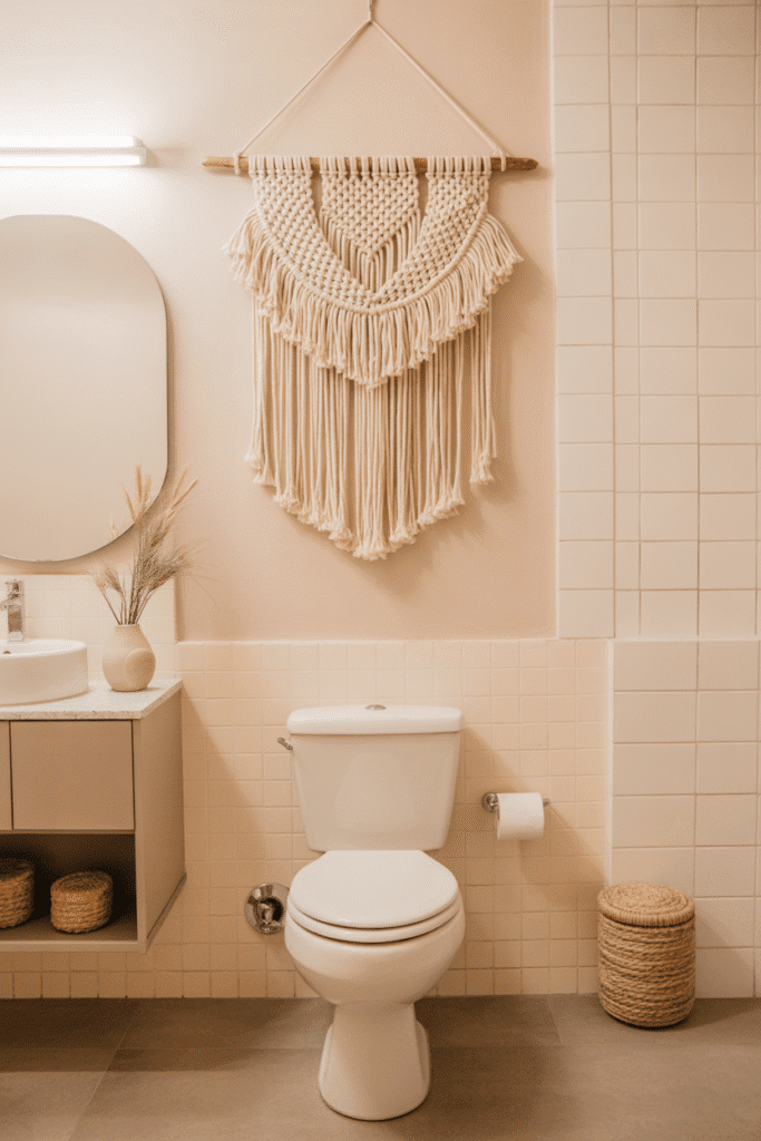A macramé wall hanging softens the look behind the toilet and adds texture.