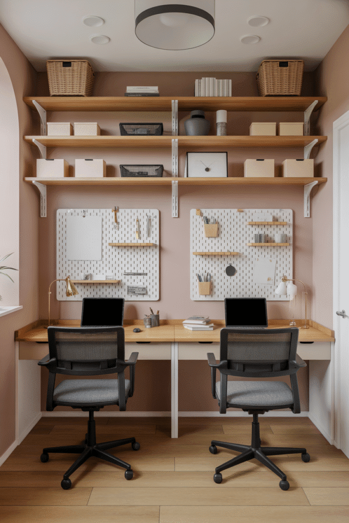 Vertical storage including wall shelves and pegboards used in a two-person home office.