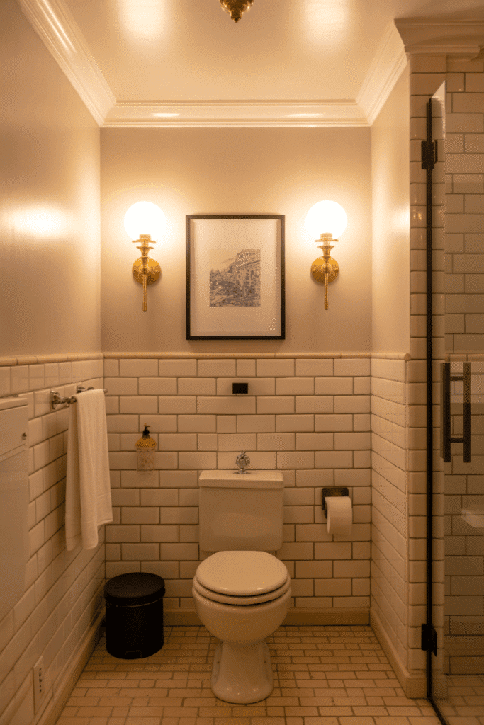 Stylish wall sconces frame artwork and illuminate the space above the toilet.