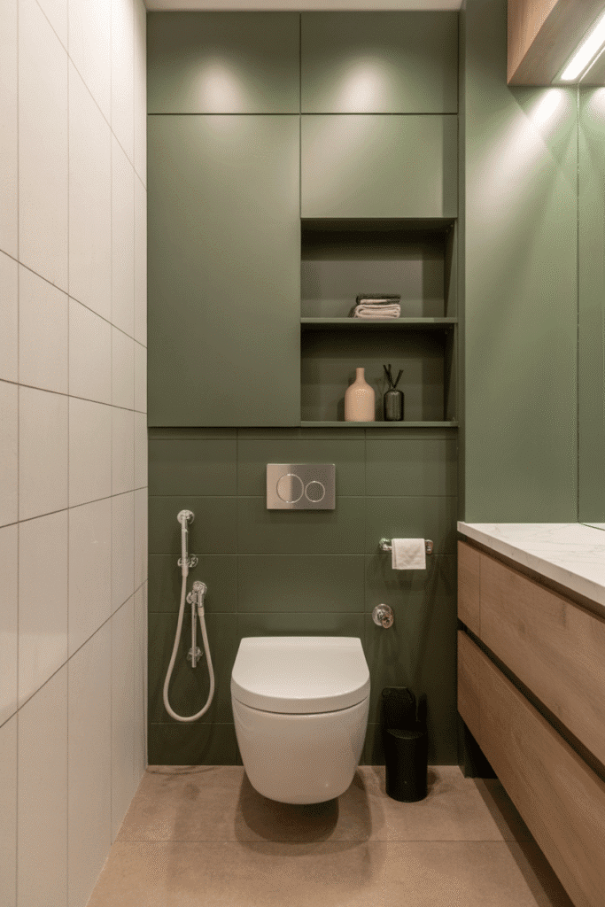 A bold painted wall draws attention and creates depth behind the toilet area.