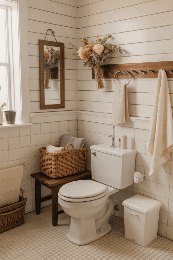 A peg rail adds both charm and functionality behind the toilet in a cozy bathroom.