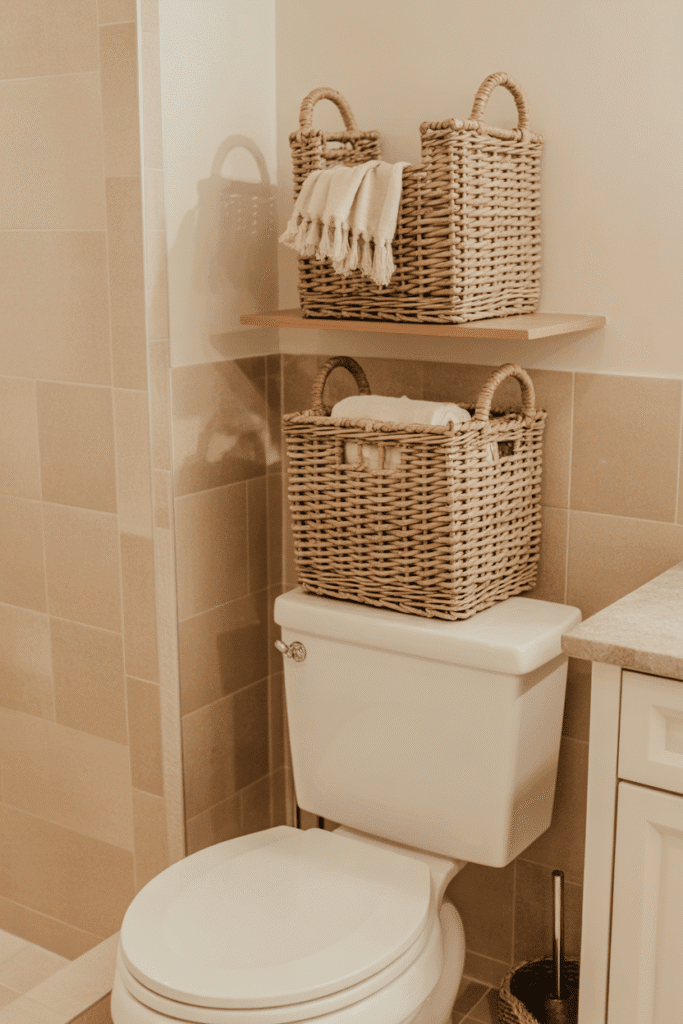 Matching baskets provide stylish storage and keep the space tidy and inviting.