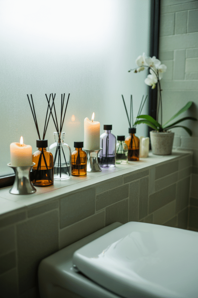 As a part of behind toilet decor ideas this picture shows Scented decor items make the area behind the toilet feel elevated and welcoming.