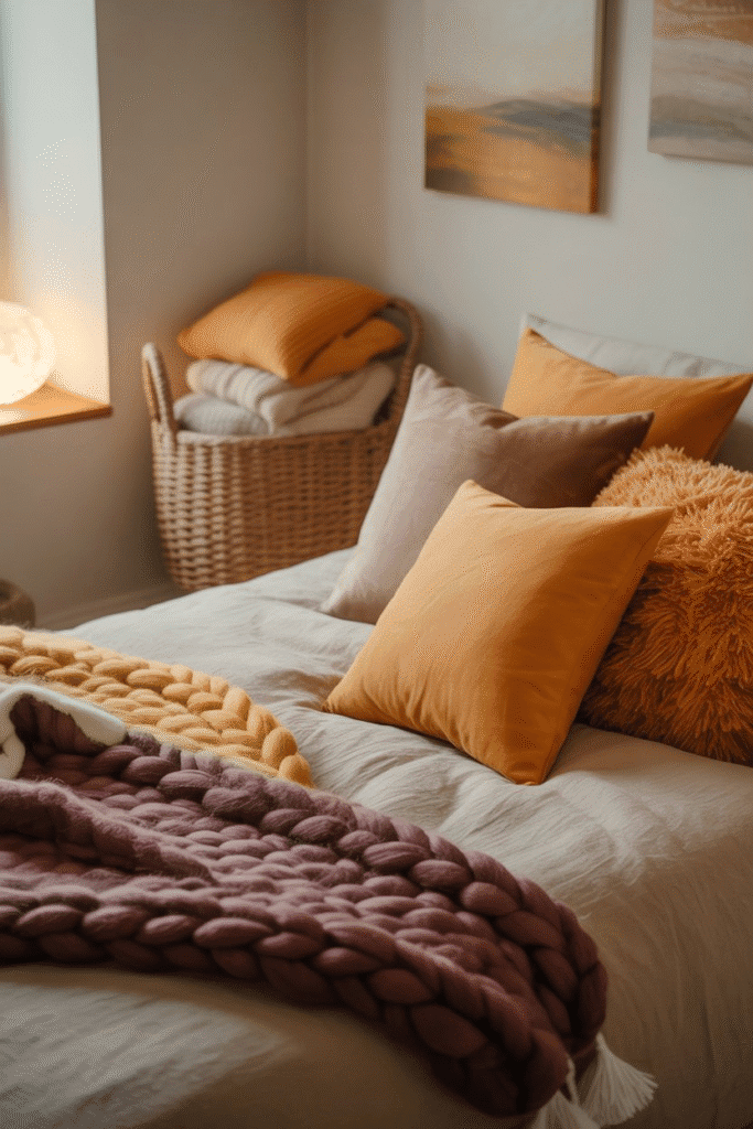 A thick, chunky knit blanket adds warmth and texture to a neutral-toned fall bedroom setup.