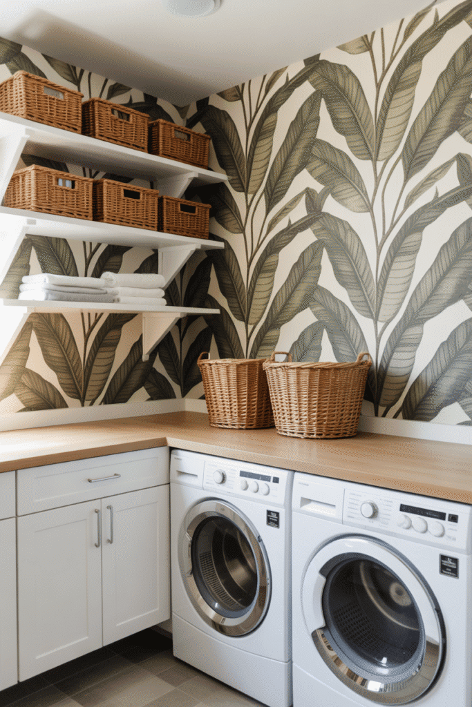 As a part of laundry room wallpaper ideas this picture shows oversized botanical wallpaper adds freshness and vibrancy to a modern laundry room.