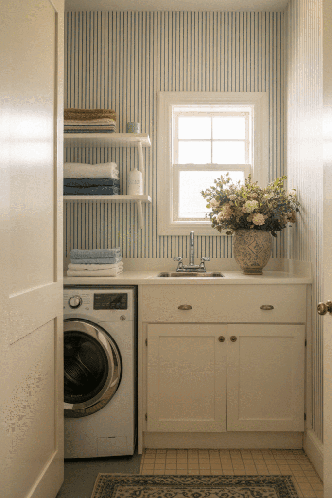 Striped wallpaper adds structure and timeless charm to small laundry spaces.