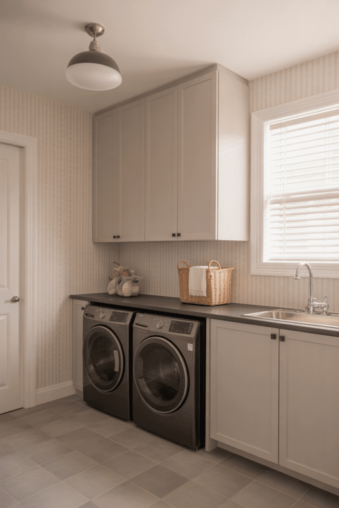 A monochromatic wallpaper scheme creates a calm, cohesive laundry room aesthetic.