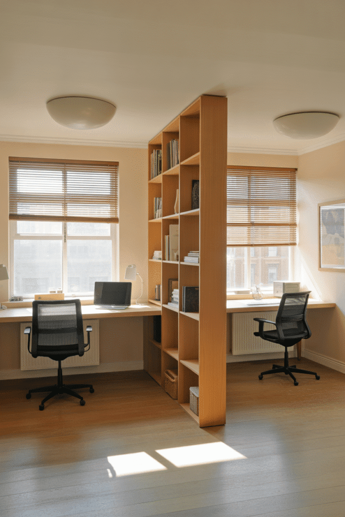 Open shelf divider creates separate zones in a stylish shared home office.