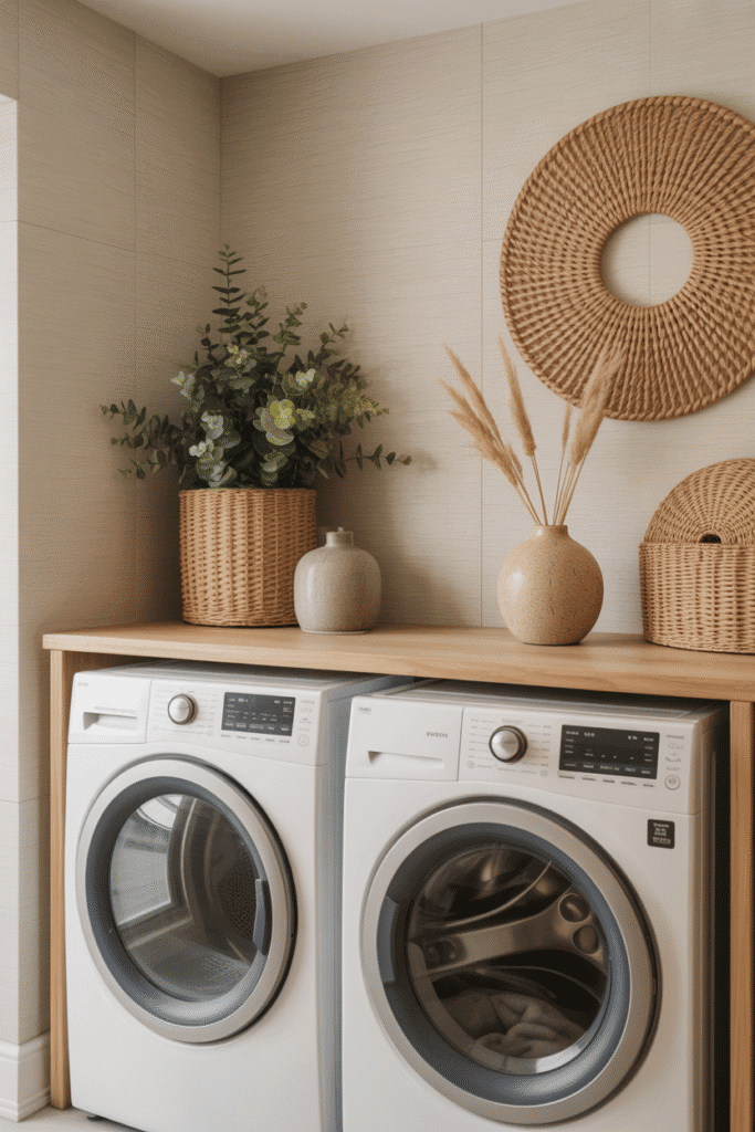 Grasscloth-style wallpaper adds texture and elegance to utility rooms.