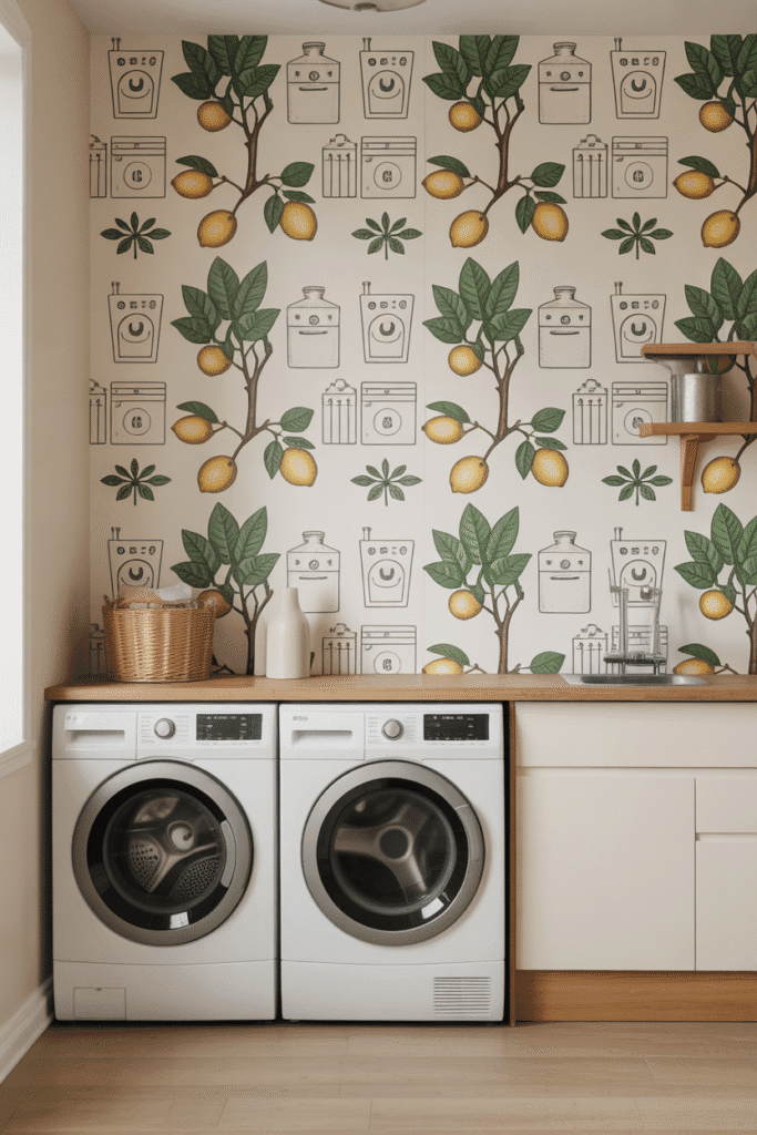 Whimsical wallpaper patterns bring joy and personality to small laundry rooms.