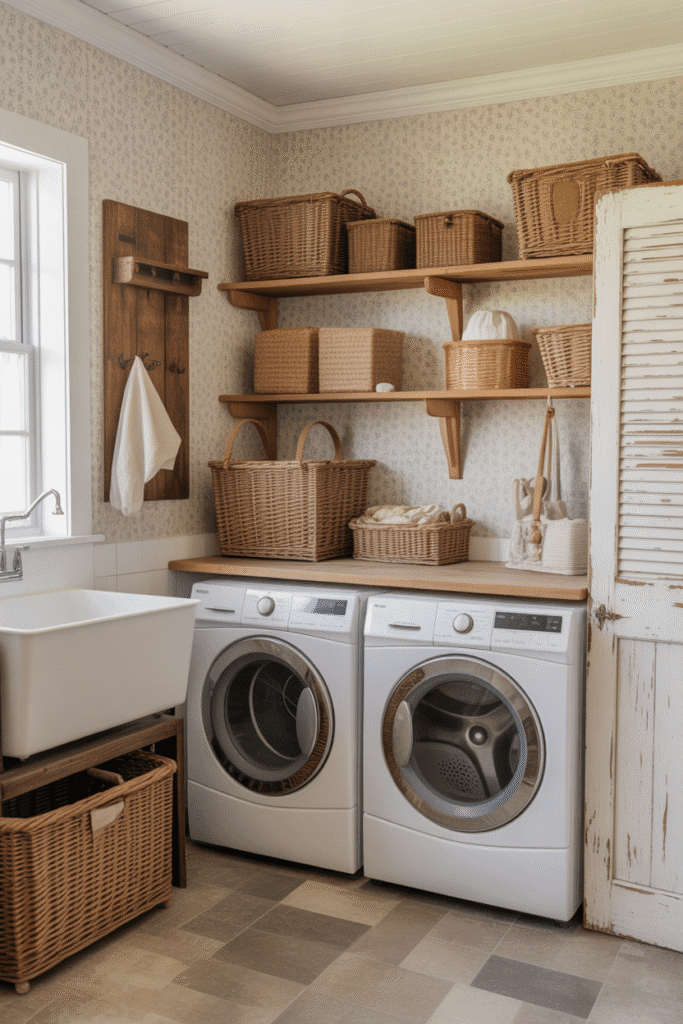 Vintage floral wallpaper brings charm and a nostalgic touch to rustic laundry spaces.
