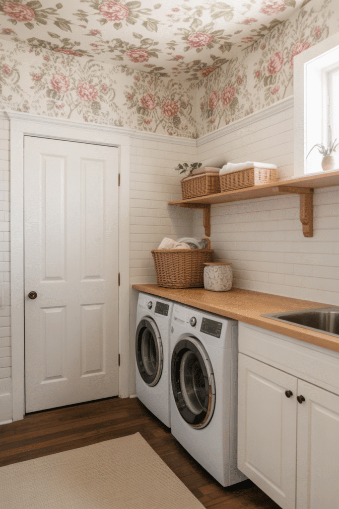 Ceiling wallpaper adds an unexpected decorative element above the laundry area.