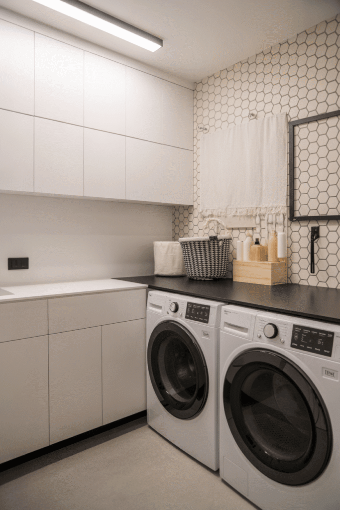 Geometric wallpaper provides bold visual interest in a clean, modern laundry room.