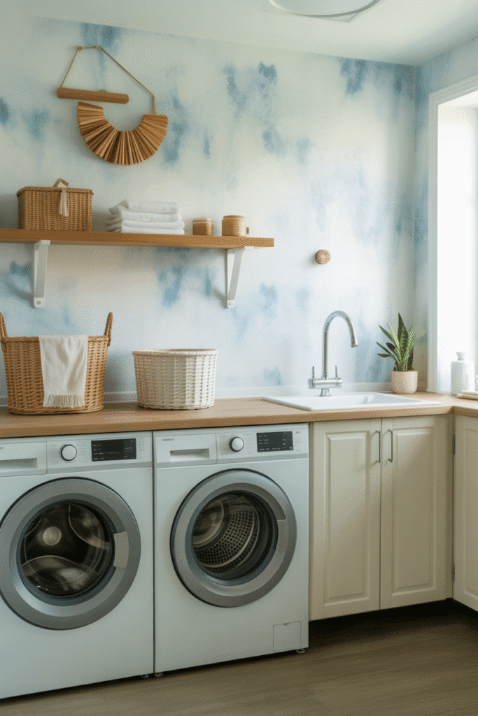 Soft watercolor wallpaper gives laundry rooms a serene, dreamy vibe.