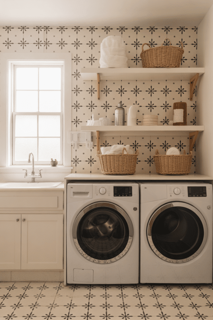 Monochrome patterns keep laundry decor fresh and sophisticated.