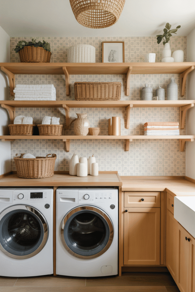 Wallpaper behind shelves adds subtle style without overwhelming the space.