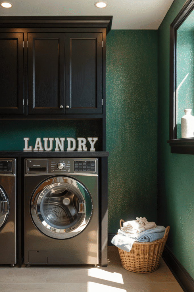 Dark wallpaper tones create a cozy and dramatic laundry room atmosphere.