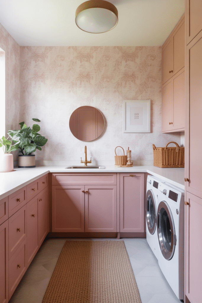 Coordinated wallpaper and cabinetry colors create a curated, polished laundry space.