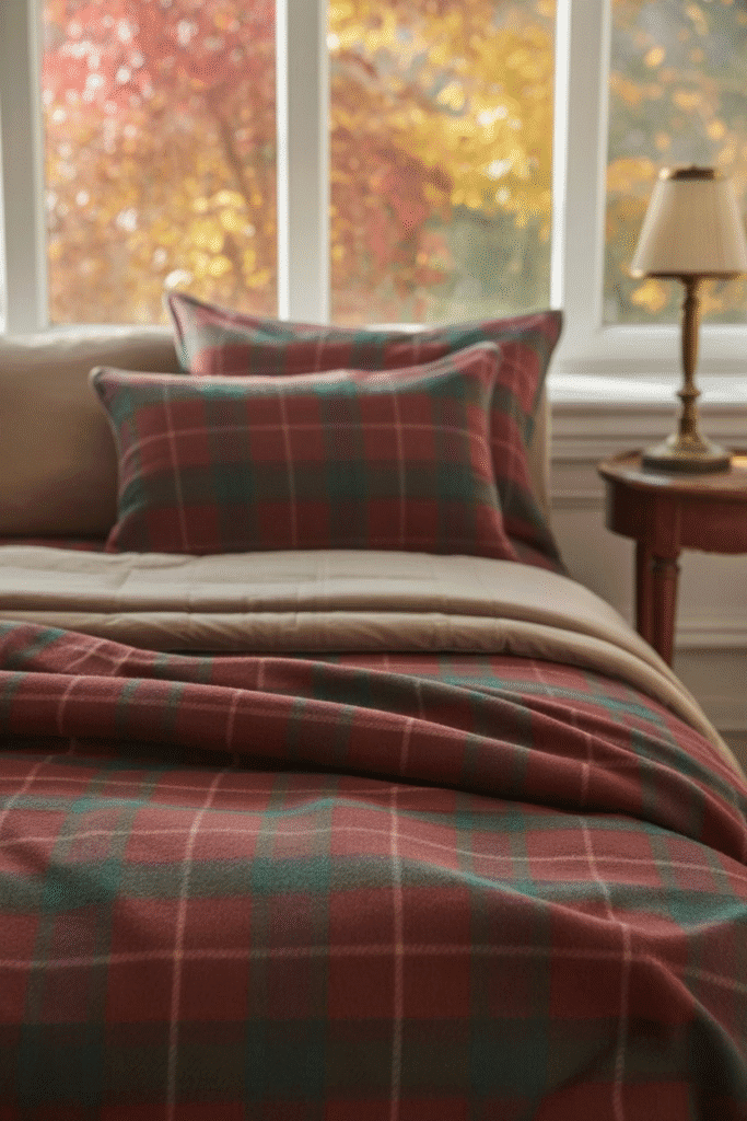 Soft flannel bedding in plaid print creates a warm, seasonal look for autumn bedroom comfort.