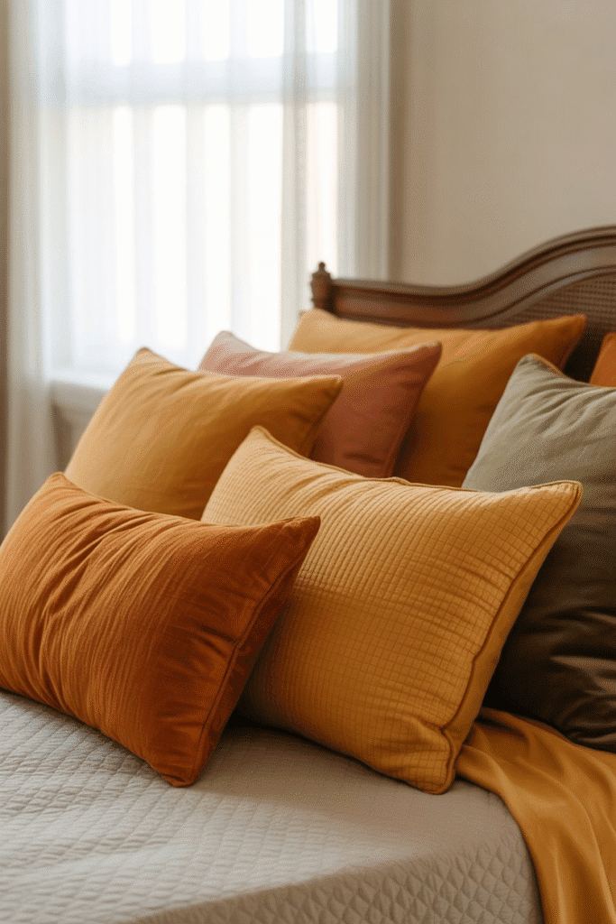 Throw pillows in fall hues add seasonal warmth and cozy depth to a bedroom.