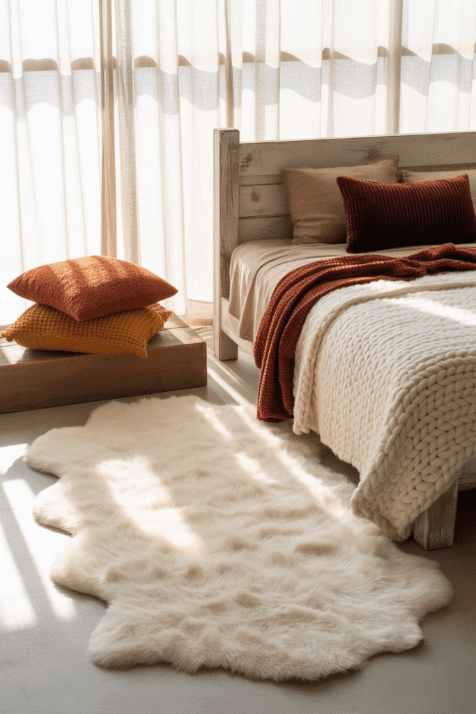 A plush faux fur rug brings softness and seasonal coziness to a fall-inspired bedroom floor.