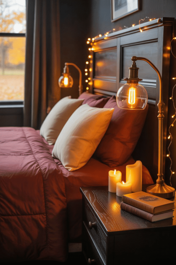 Warm lighting from string lights and candles sets a soft, cozy tone in a fall bedroom.