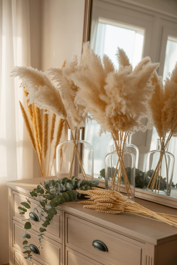 Dried plants and natural textures bring organic fall charm to a seasonal bedroom vignette.