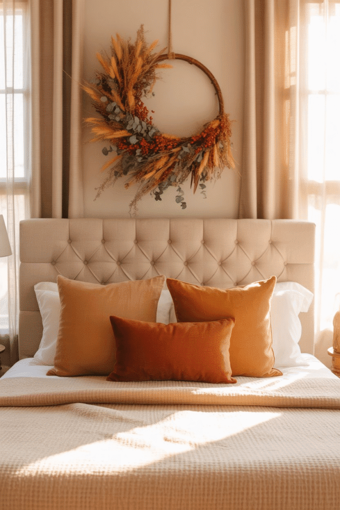 A wreath made from fall florals adds seasonal charm above the bed as wall decor.