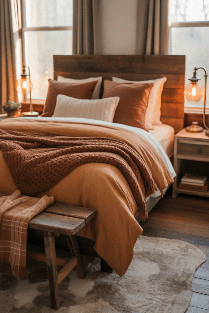 As a part of fall bedroom decor this picture shows rustic wood furniture and accents add natural warmth to a cozy fall bedroom.