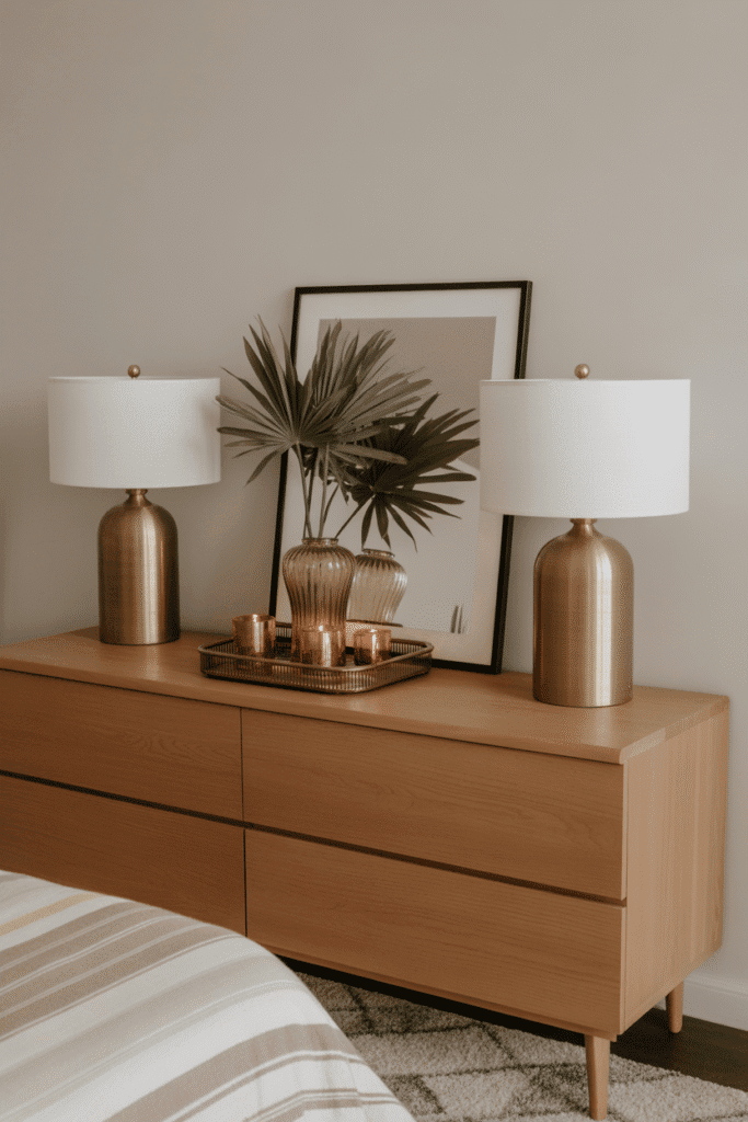 Copper and brass accents add warmth and glow to fall bedroom decor arrangements.
