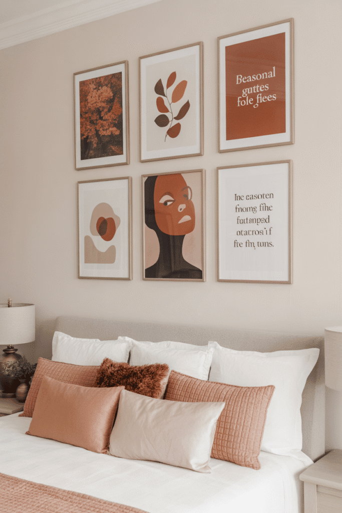 Fall-inspired wall art adds personality and seasonal color to a cozy bedroom space.